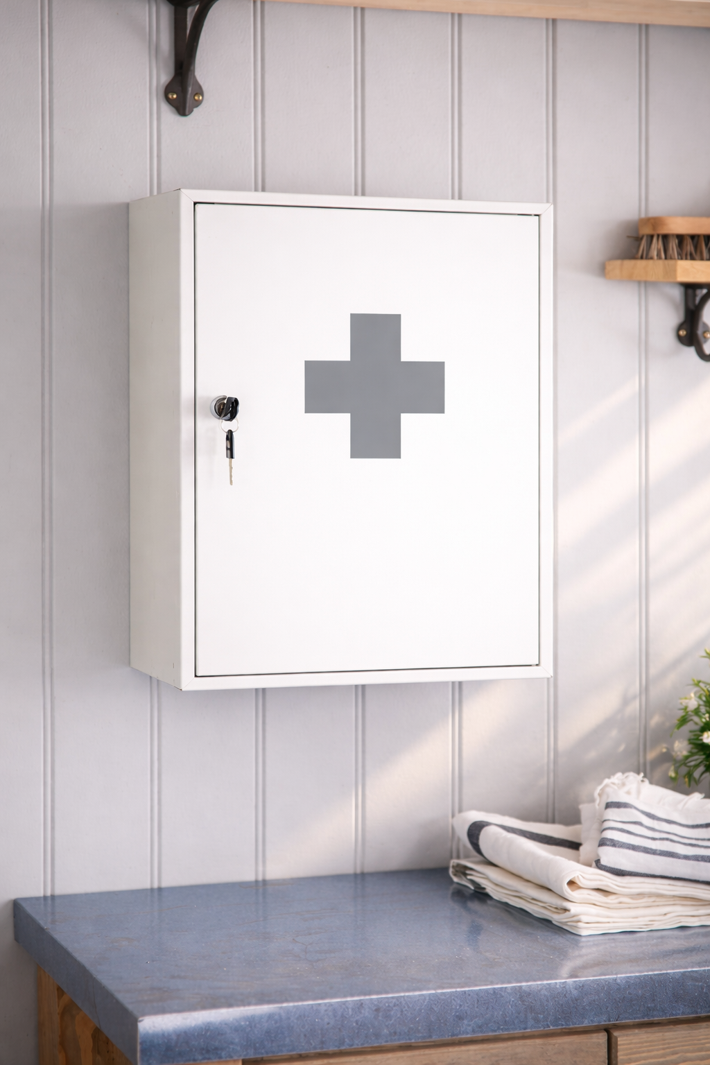 Botiquín de primeros auxilios con señalización de cruz en Guatemala cumplimiento de normas IGSS